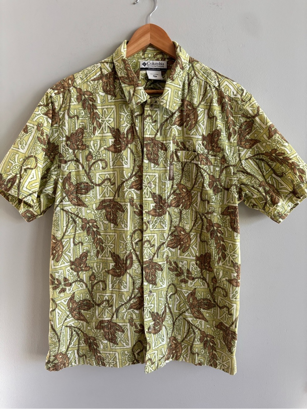 Columbia Sportswear Batik Hawaiian Shirt Mens Medium Green Brown Leaves